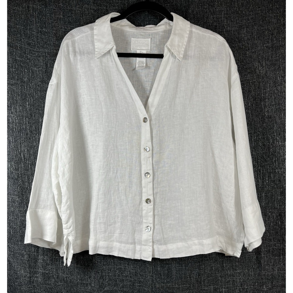 NWT Calypso St Barth Sz L Top 100% Linen White Shell Button Up Shirt VNeck Boxy